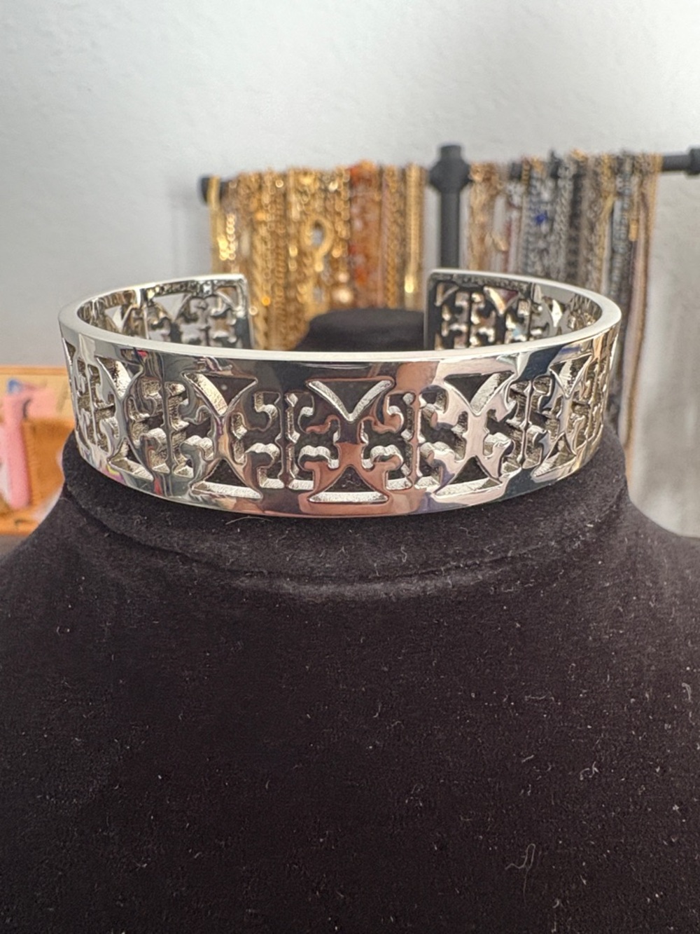 Tory Burch Silver Open Cuff Bracelet with Decorative Cutout Pattern